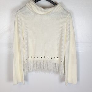 BOHO chic crop off white Cowl Neck Sweater with Fringe!